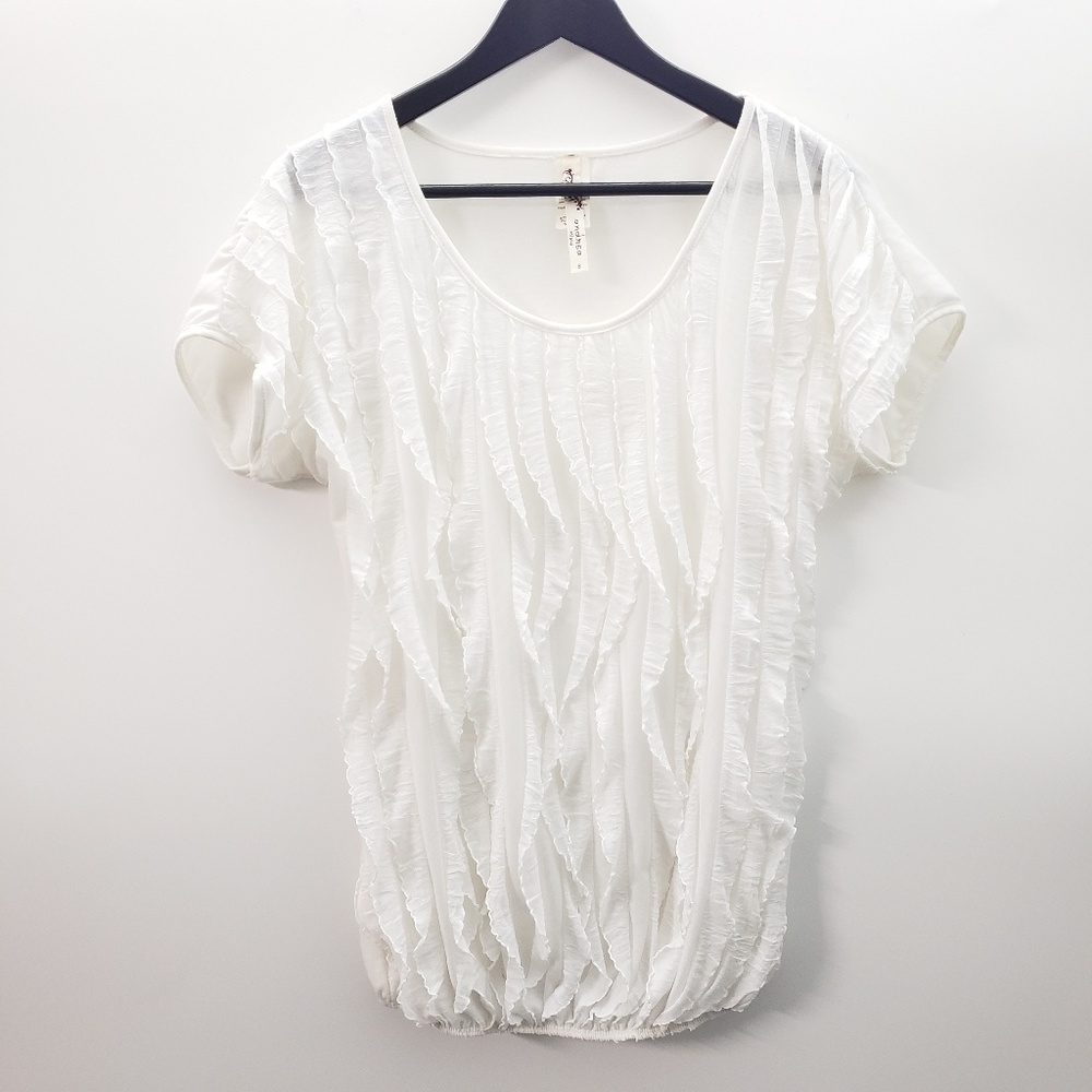 Andrea Missy White Ruffle Textured‎ Shirt Size S Short Sleeve